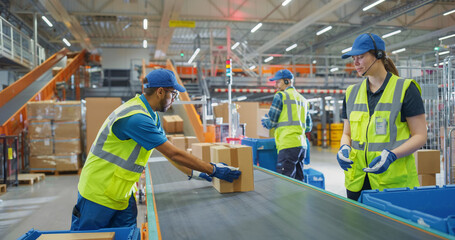 Personnel Carefully Loading Various Boxes on Conveyor Lines in a Mail and Parcel Processing Center. Employees in Logistics Terminal Facilitating the Movement of Cargo For International Trade
