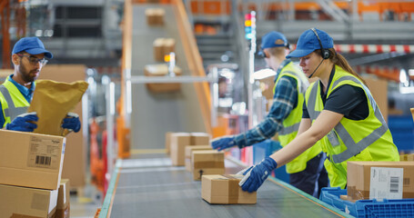 Young Diverse Workers in Logistics Terminal Loading Cardboard Boxes and Parcels with Goods onto a...