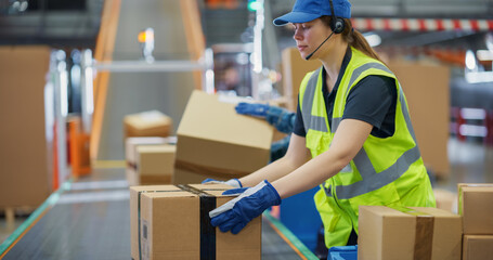 Personnel Carefully Loading Various Boxes on Conveyor Lines in a Mail and Parcel Processing Center. Employees in Logistics Terminal Facilitating the Movement of Cargo For International Trade