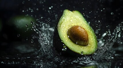 Fresh Avocado Splashing in Water Against Dark Background