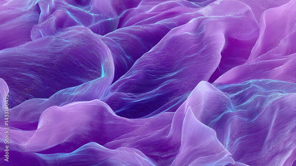 Poster Abstract image of purple fabric with thin light blue lines creating a wavy texture, suggesting fluidity, movement and elegance