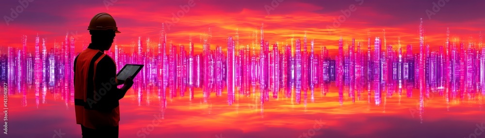 Poster construction worker analyzing growth data on tablet urban setting digital technology sunset view fut