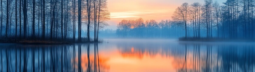 Fototapeta premium A serene twilight scene with reflections on a lake, capturing the beauty of nature and the stillness of the moment.