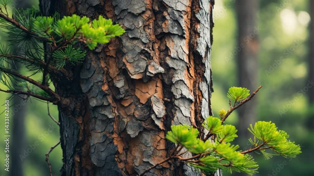 Poster bark of a tree trunk with twigs in the foreground. texture backdrop of forest. coarse tree bark.