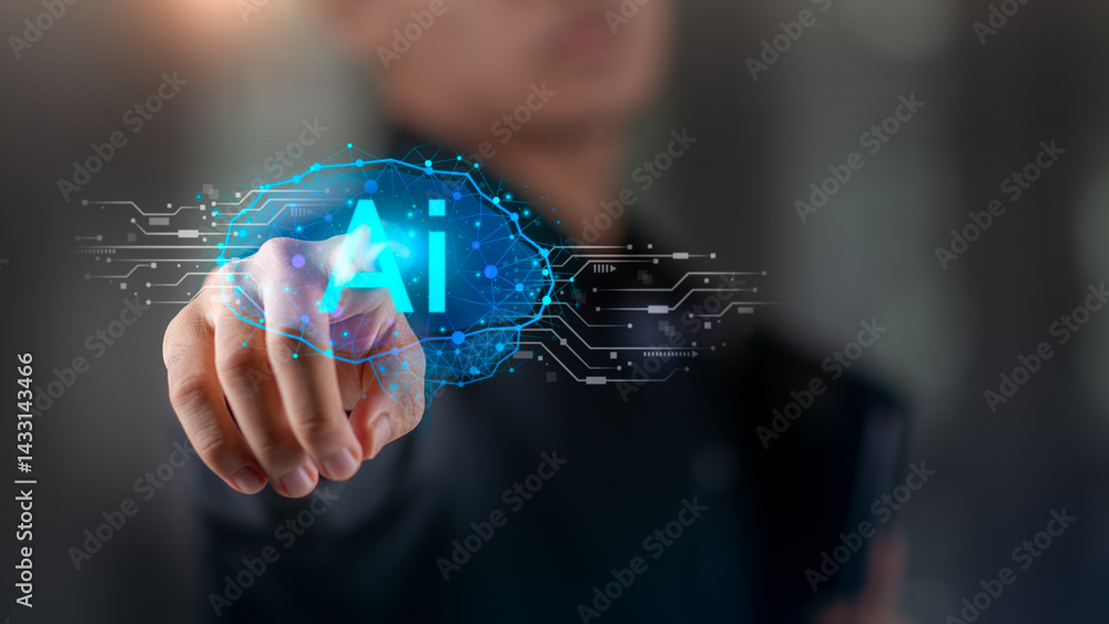 Poster ai ,businessman showing concept, connection, innovation development and artifacts too artificial int