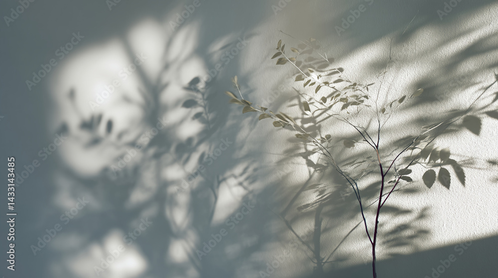 Poster Branch with pale leaves casts shadows on textured wall, creating a serene, minimalist aesthetic, ideal for background or design element
