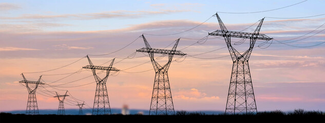 High electric tower. High-voltage poles with wires go away into the horizon. Production of sustainable energy concept. Electric poles. Graphic vector against the background of the sky with clouds.