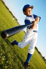 Obraz premium boy swinging a baseball bat on a field with a blue sky in the background