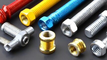 Collection of Colorful Metal Bolts and Nuts on a Black Background for Industrial Use