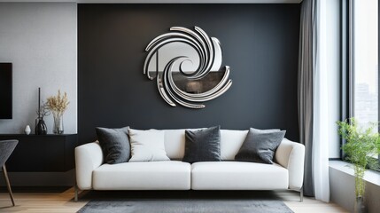 Modern swirl mirror above sofa in stylish apartment