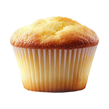 Golden brown vanilla muffin with fluffy texture in paper liner, isolated on white transparent background, concept of fresh bakery