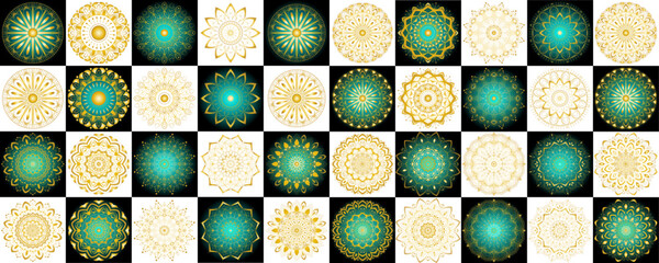Mandala ornament set with 40 symbol | Esoteric Prints template | Vector floral illustration for graphic design, coloring pages, and pattern creation | Spa concept products and packaging Golden-cyan