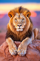 Fototapeta premium A lion laying on top of a large rock