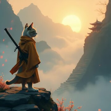 Warrior Monk Cat standing on a cliff, looking at the at the mountains, taking in the view at the dusk with sun hiding behind the mountains