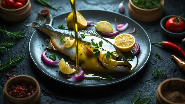 Whole roasted trout presented with lemon on a plate. Delicious fried fish.