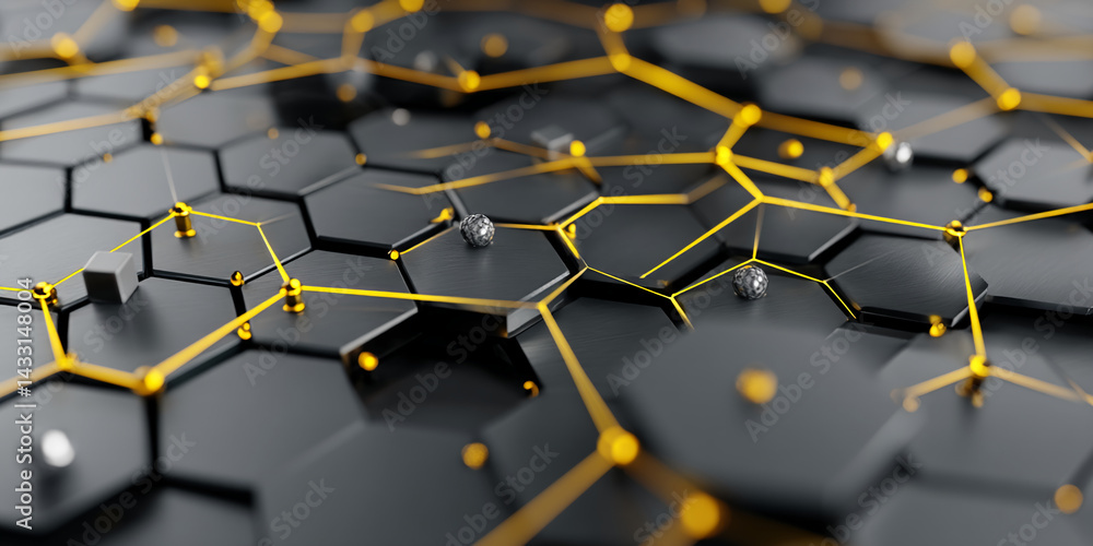Aufkleber Abstract image of black hexagonal grid with yellow lines connecting spheres and cubes, showcasing a network or technological concept