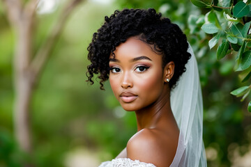 A woman in a wedding dress with a veil on her head
