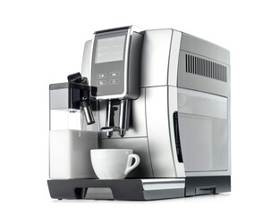 Modern automatic coffee machine with digital screen, white cup, and built-in milk frother for cappuccino. Transparent background PNG for design use.