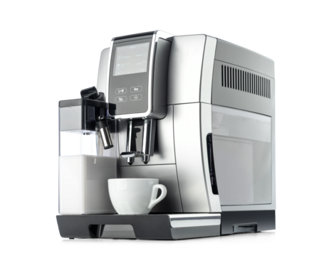 Modern automatic coffee machine with digital screen, white cup, and built-in milk frother for cappuccino. Transparent background PNG for design use.