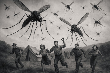 Vintage monochrome horror scene: Terrified people frantically flee across a field as giant, menacing mosquitoes attack their campsite in a dramatic invasion.