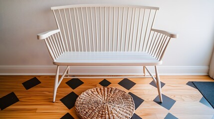 Minimalist White Bench with Wooden Accents on Geometric Floor in Modern Interior Space