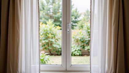 Bright window view with curtains and green outdoor foliage.