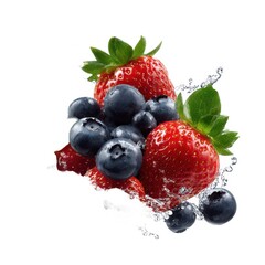 Obraz premium Strawberries and blueberries with water on white background