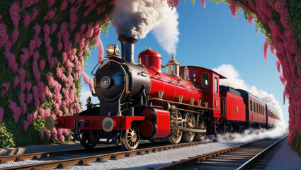 Obraz premium vibrant red steam train travels through floral archway, exuding nostalgia and charm. scene captures beauty of nature
