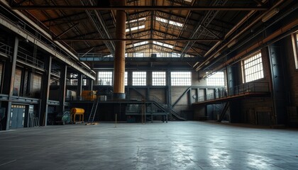 Fototapeta premium Spacious Empty Industrial Warehouse Featuring Exposed Brick Walls and High Wooden Beams Illuminated by Natural Light