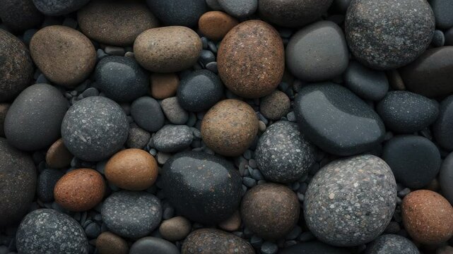 Texture backdrop of smooth round pebbles. Close-up view of a pebble beach, showcasing wet pebbles alongside dry ones.