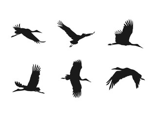 Flying Stork silhouette icon. Silhouette or shadow black ink symbol of a crane bird or heron flying. Flat vector stock illustration. vector on a white background.