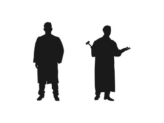 A judge man standing in silhouette. male judge swinging gavel standing. Vector on a white background.