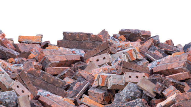 A pile of broken bricks on an isolated transparent background. PNG