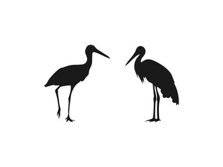stork standing silhouette icon. Silhouette or shadow black ink symbol of a crane bird or heron standing. Flat vector stock illustration. vector on a white background.