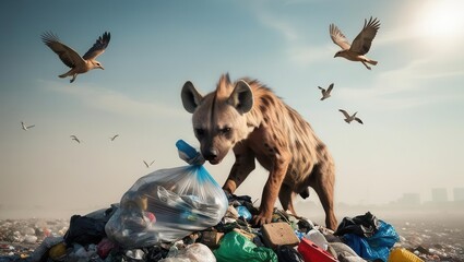 Hyena foraging among trash urban dump site wildlife photography polluted environment low angle