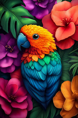 Fototapeta premium A colorful parrot sitting on top of a bunch of flowers