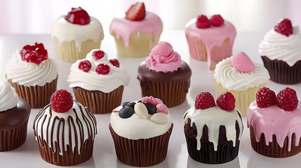 Deliciously Decorated Assorted Cupcakes with Whipped Cream and Fresh Fruits on a White Background