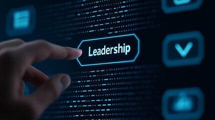 Touching digital screen displaying the word "Leadership.