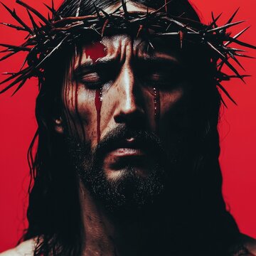 A man with a cross on his head and blood dripping from his face