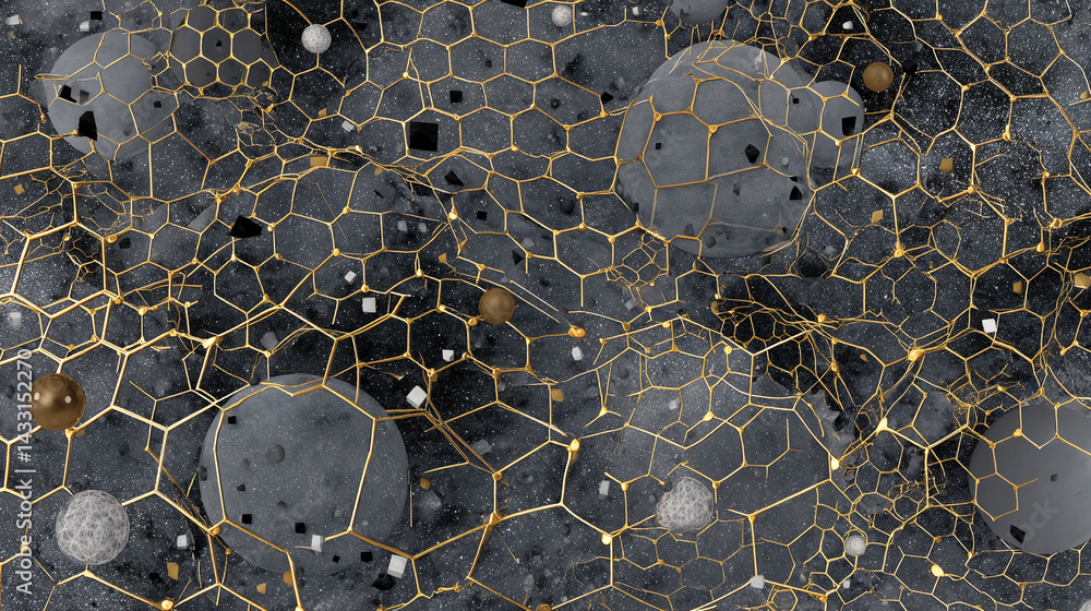 Poster Abstract dark grey background with gold hexagonal grid, featuring various grey and gold spheres Cubes, showcasing a luxurious and modern design, ideal for decoration