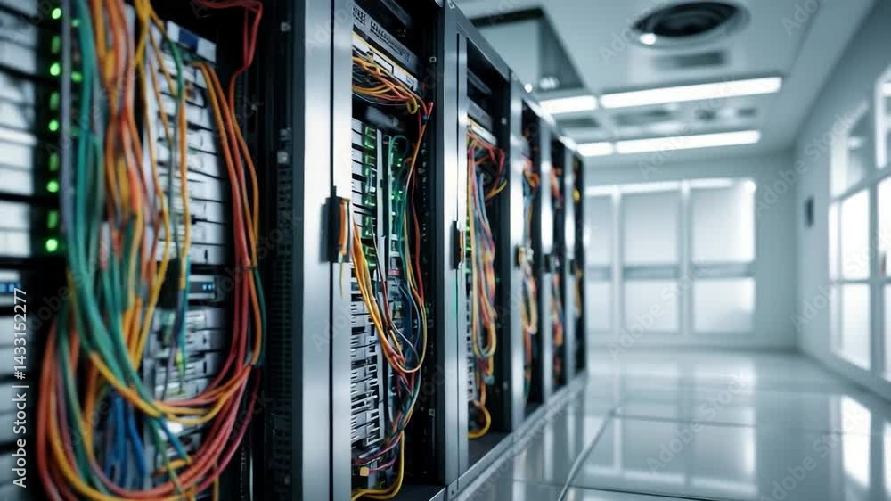Poster storage server backup for database computer featuring network technology and wiring cable in an open
