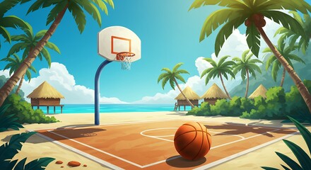 Tropical beach basketball court image illustration
