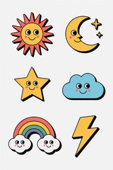 Cute cartoon illustrations of celestial and weather symbols.