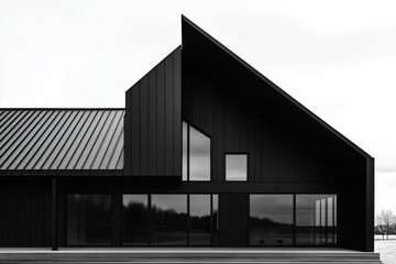 Obraz premium Modern, minimalist house facade with dramatic angular roofline.