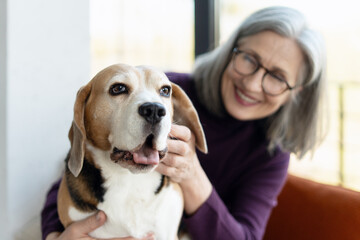 Senior woman cuddling her beagle dog at home