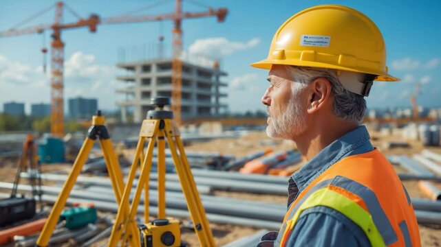 Engineer surveyor with equipment at an outdoor construction site during tasks.