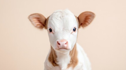 Obraz premium Close-up portrait of an adorable baby calf with white and light brown fur, looking directly at the viewer against a soft beige background.