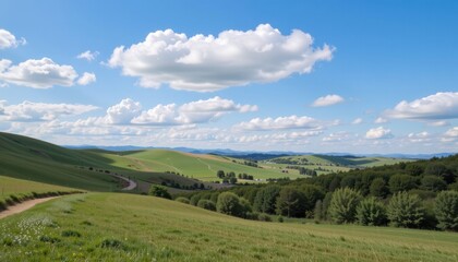 Fototapeta premium Vast green landscape under a blue sky with fluffy clouds.