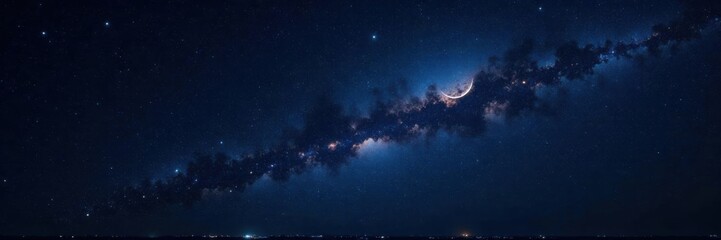 Fototapeta premium Dark vastness of space with twinkling stars and a crescent moon shining through the blackness, night sky, dark universe