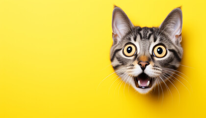 Obraz premium Surprised cat close up with yellow background